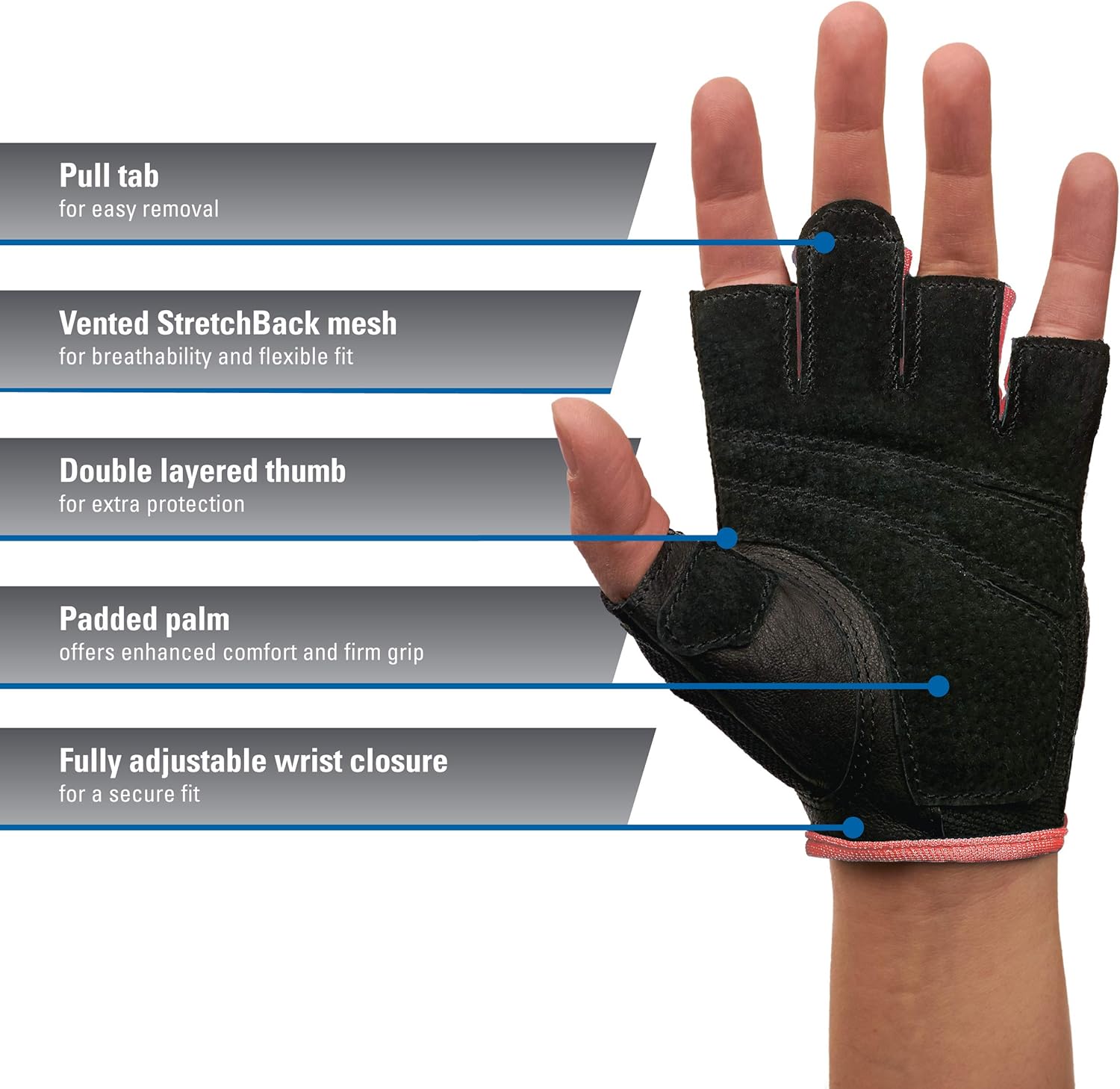 Harbinger Power Gloves, Women’s (Black) - Double-Stitched, Genuine Leather Padded Palm & Reinforced Seams - Easy On/Off Wrist & Finger Pull Tabs - Adjustable Closure - Half-Finger, Breathable Design